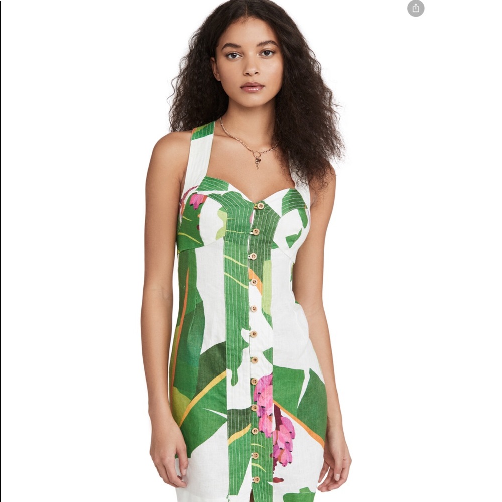 FARM Rio White Dress with Green Leaf Print and Pink Accents